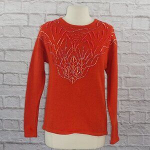 Vintage 90s Orange Pearl Beaded Cotton Knit Sweater Small